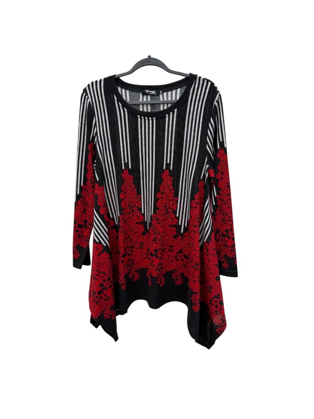 Floral Stripe Tunic Sweater Top L XL Asymmetric Hem Black Red Long Sleeve
